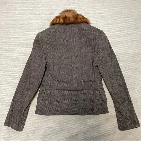 Banana Republic Brown Herringbone Blazer Jacket Removable Fur Collar Size 0P - Picture 5 of 10